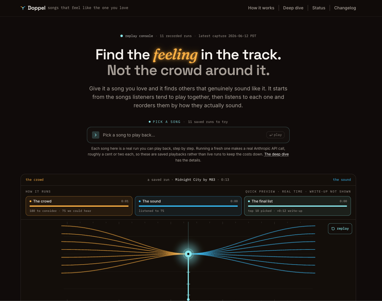 The Doppel landing page: an audio-native song recommender with a replay console and a cultural-vs-audio convergence view.